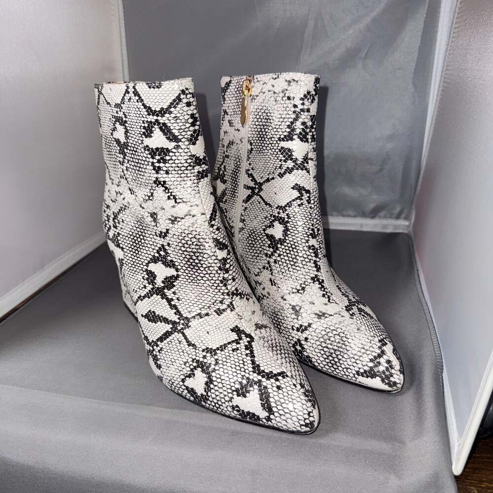 Wetkiss Faux Snakeskin Pointed Toe Block Heel Ankle Booties - Picture 4 of 9